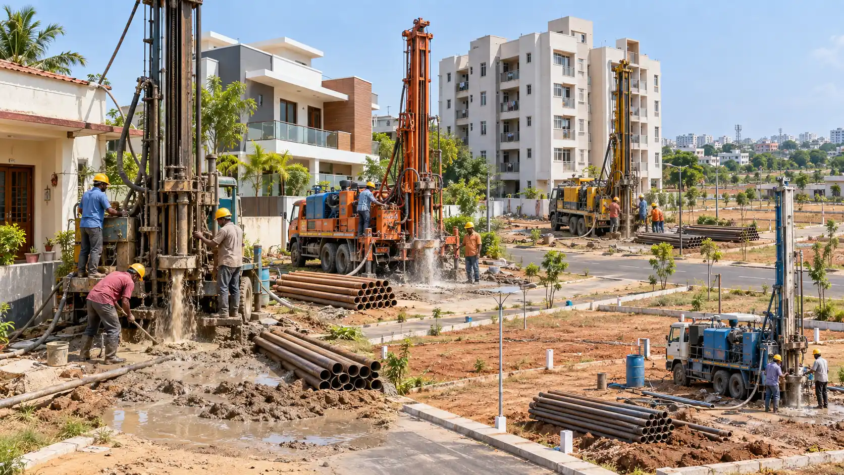 Domestic borewell drilling at an Indian residential site