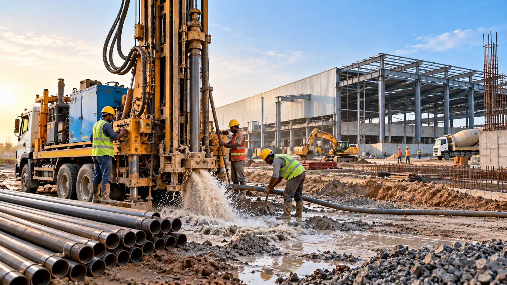 Industrial borewell drilling at an Indian project site