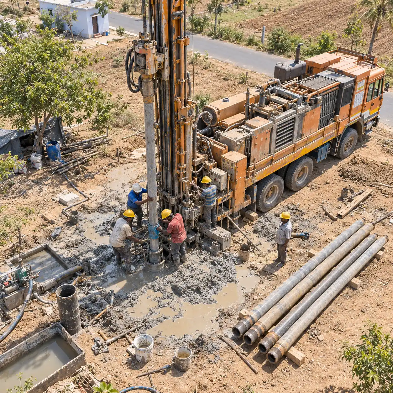 Borewell drilling rig with water flow at an Indian work site
