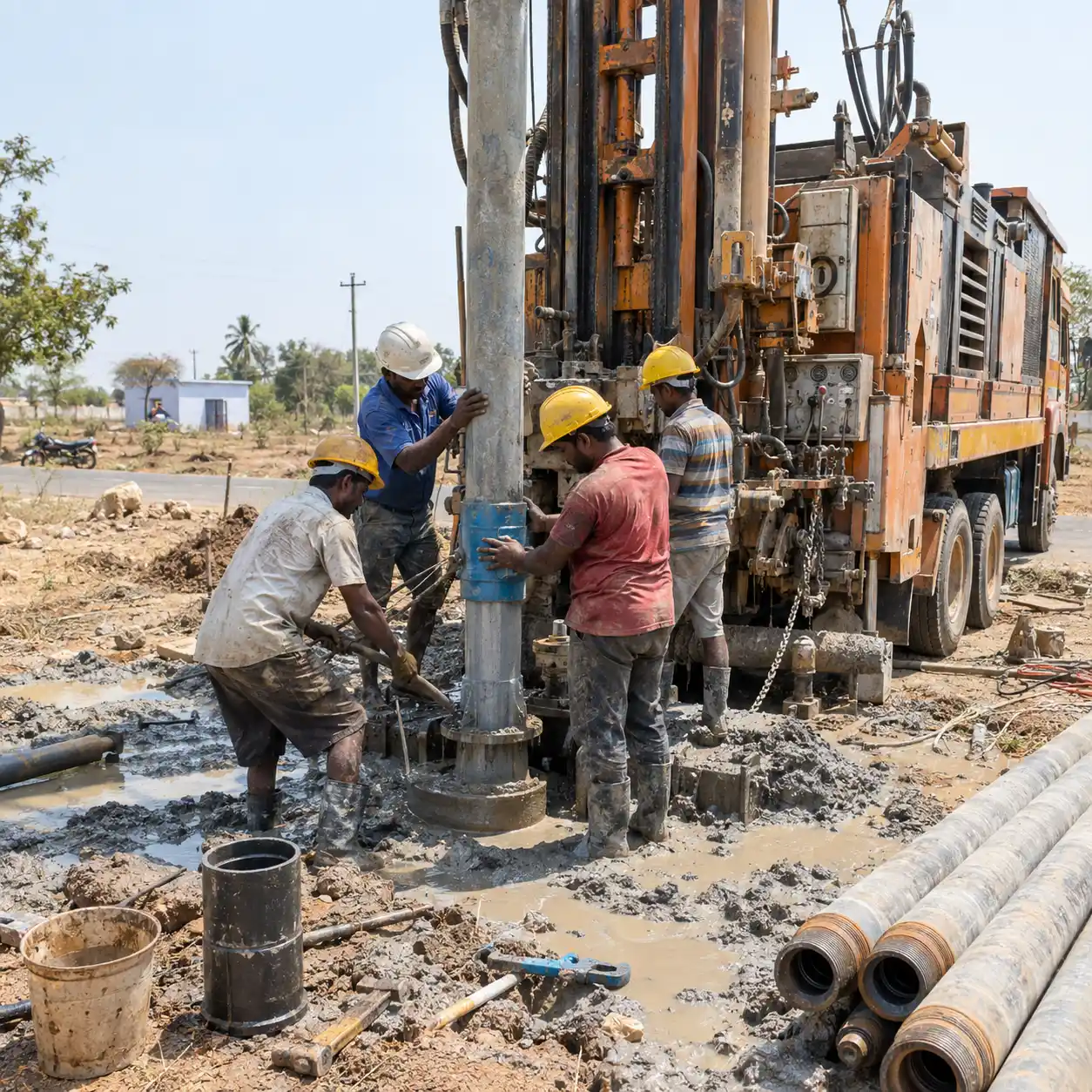 Borewell drilling equipment positioned at a ground work location