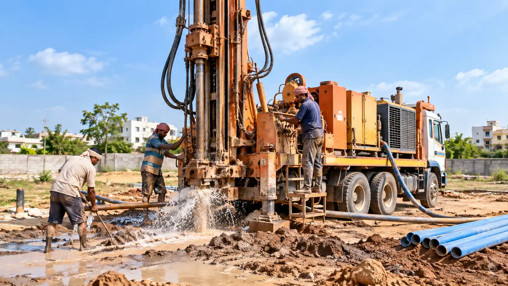 Borewell drilling on an open plot in India